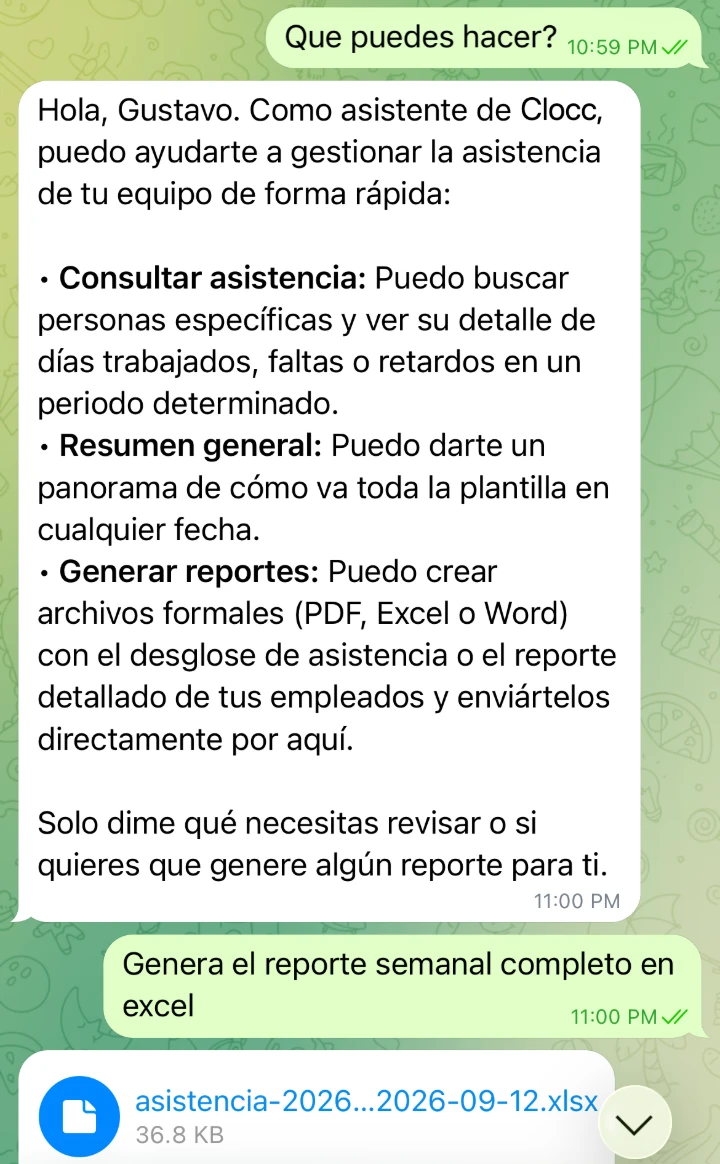 Chat con el bot de Clocc en Telegram: explica lo que puede hacer y envía el reporte semanal en Excel
