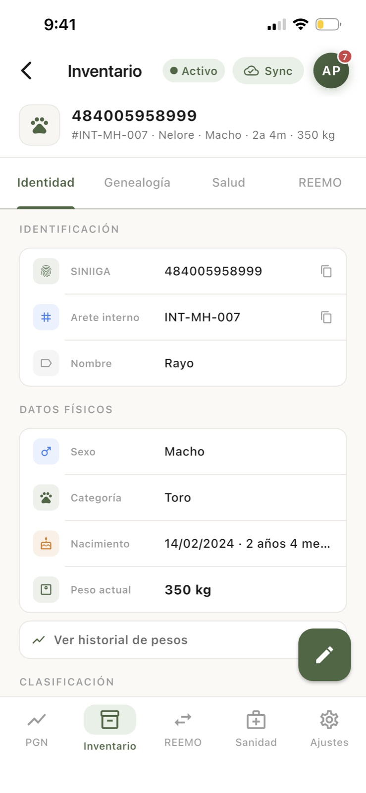 Identidad: SINIIGA, arete interno y peso