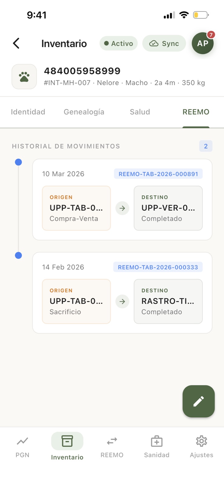 Historial REEMO por animal