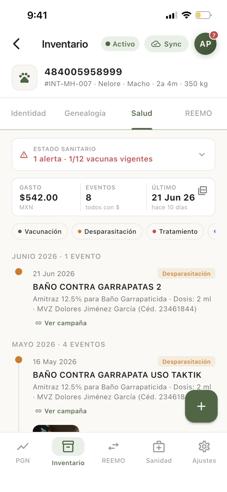 Timeline de salud con costos y MVZ