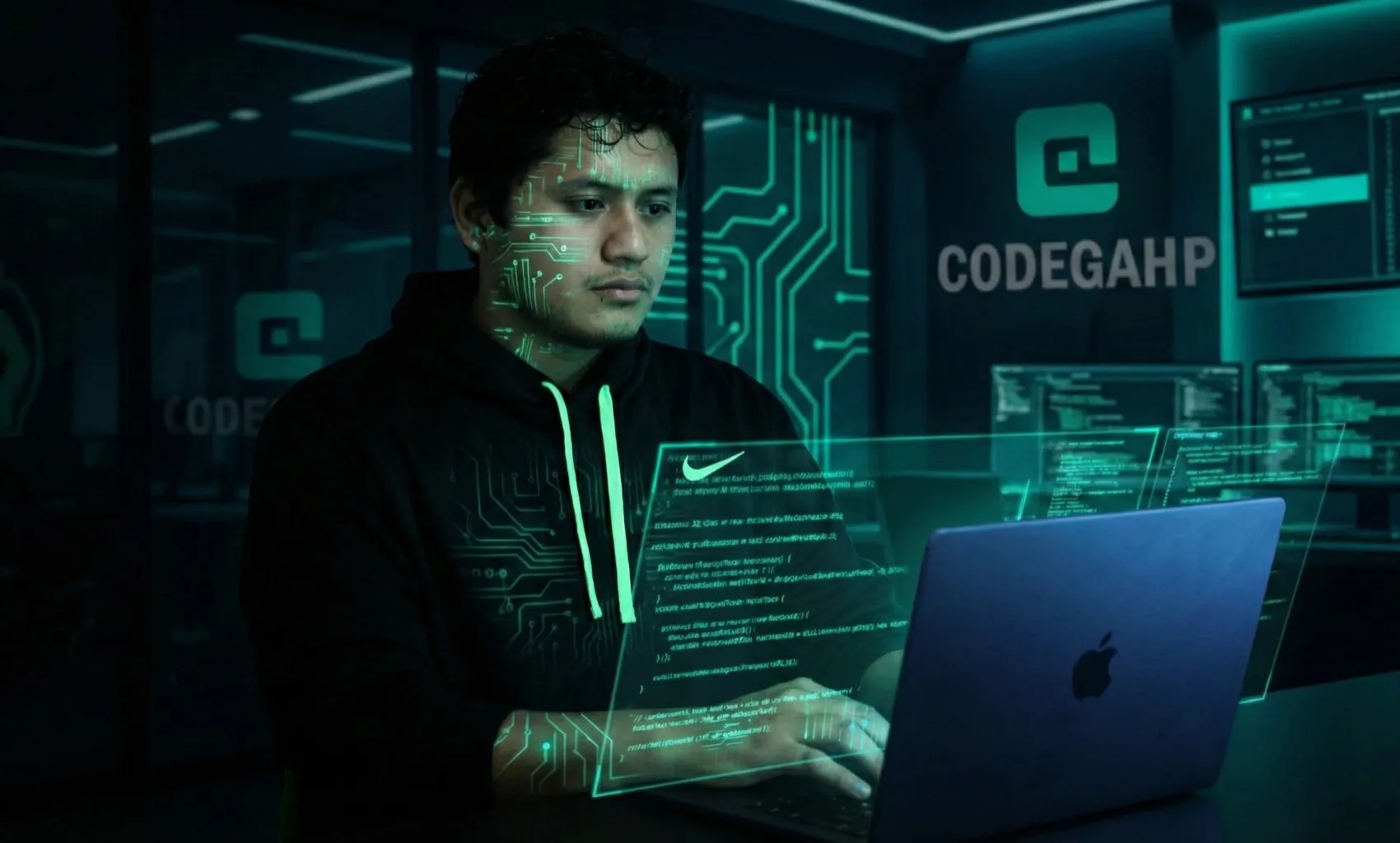Gustavo Herrera Pérez programando en su laptop, con el logo de CODEGAHP al fondo